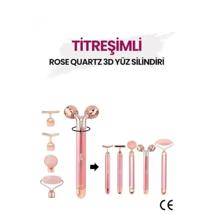 5 başlıklı 3D titreşimli Rose Quartz yüz masaj silindiri