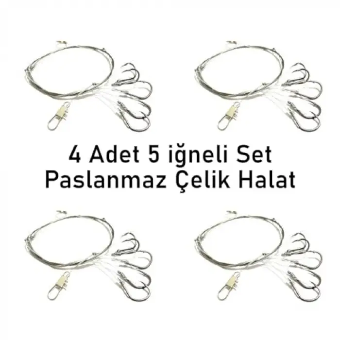 5 İğneli Paslanmaz Çelik Halatlı Dip Hırsız Olta Takımı 4lü Set, 6# Karbon Çelik İğne
