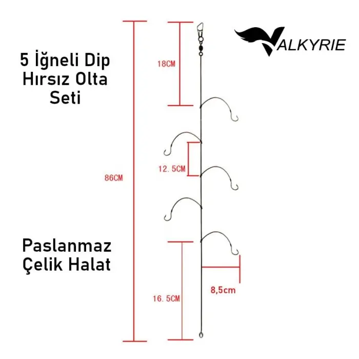 5 İğneli Paslanmaz Çelik Halatlı Dip Hırsız Olta Takımı 4lü Set, 6# Karbon Çelik İğne