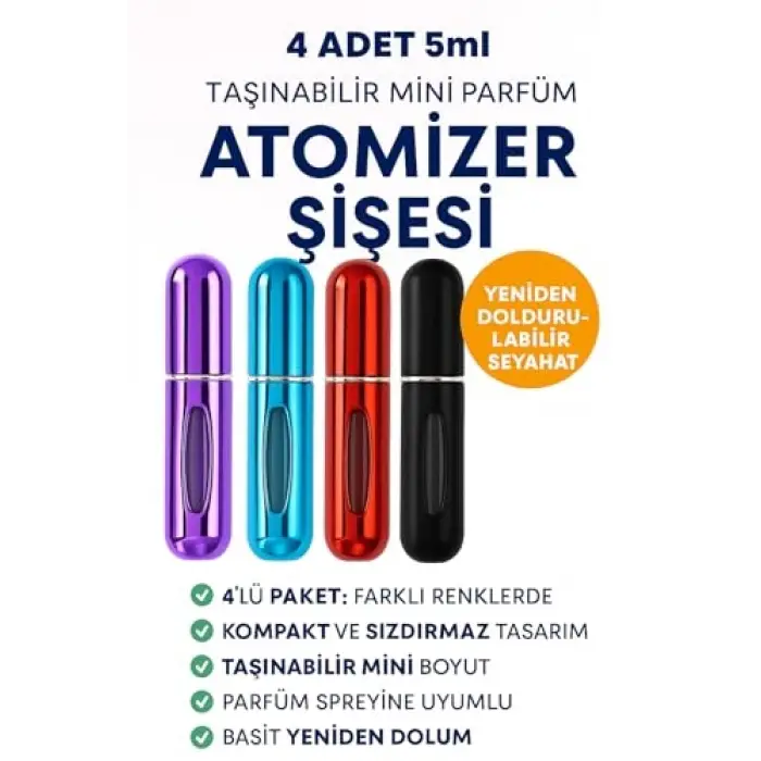 5 ml Mini Doldurulabilir Parfüm Atomizeri, Sızdırmaz Seyahat Spreyi, 4 Adet