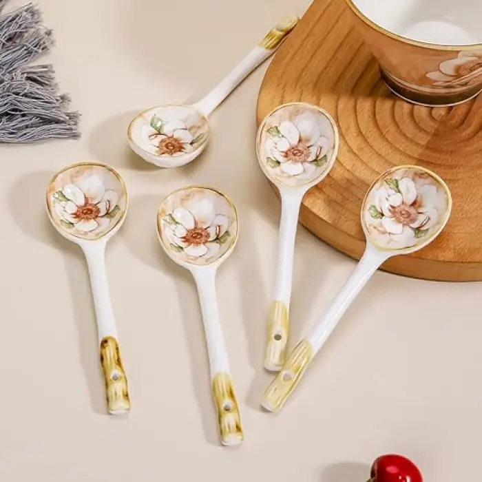 5 Parça Çiçekli Seramik Çorba Kaşığı Seti