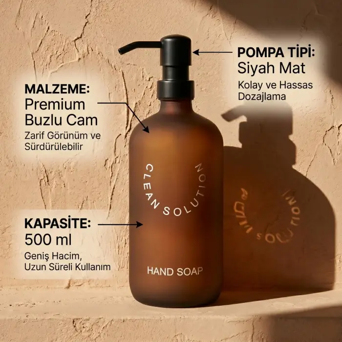 500 ml Amber Cam Sabunluk, Mat Siyah Pompa ve Buzlu Cam