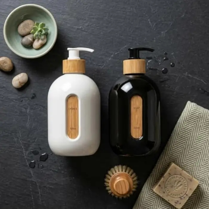 500 ml Cam Sıvı Sabunluk, Bambu Pompalı ve Etiketli, 1 Adet