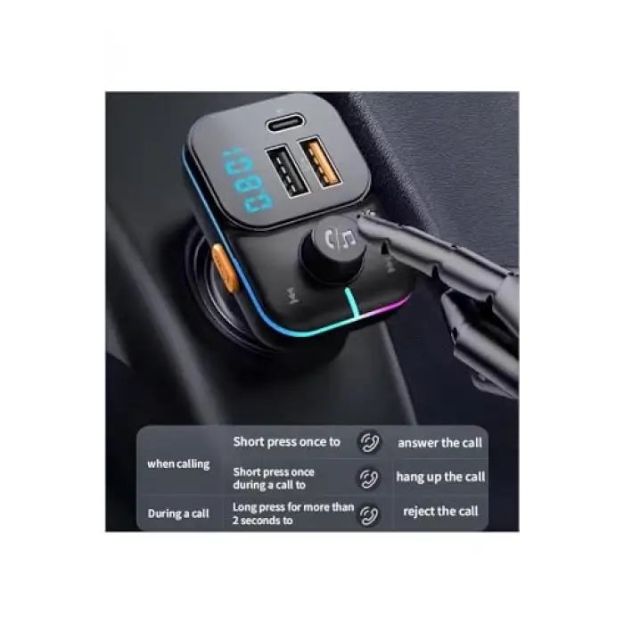 55W Hızlı Şarj Destekli Çift USB + Type-C Çıkışlı Bluetooth FM Modülatör Transmitter, MT9874 ile Uyumlu