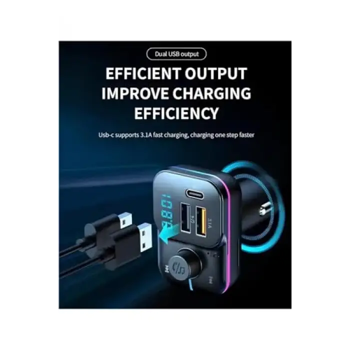 55W Hızlı Şarj Destekli Çift USB + Type-C Çıkışlı Bluetooth FM Modülatör Transmitter, MT9874 ile Uyumlu