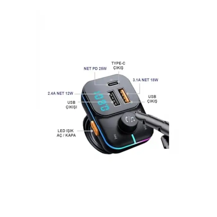 55W Hızlı Şarj Destekli Çift USB + Type-C Çıkışlı Bluetooth FM Modülatör Transmitter, MT9874 ile Uyumlu