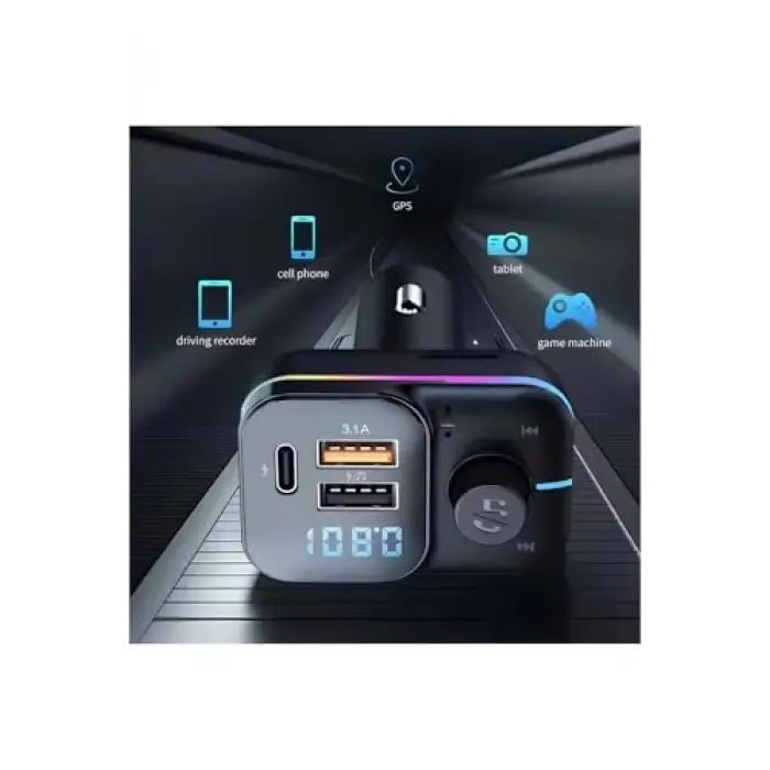 55W Hızlı Şarj Destekli Çift USB + Type-C Çıkışlı Bluetooth FM Modülatör Transmitter, MT9874 ile Uyumlu
