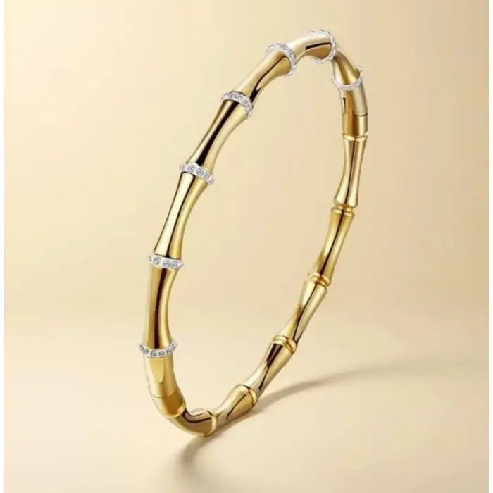 6 cm Çaplı Gold Renk Zirkon Taşlı Çelik Bambu Kelepçe Bileklik