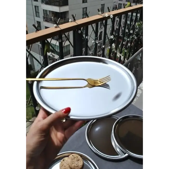 6 Kişilik Paslanmaz Çelik Servis Tabağı 25 cm Gümüş Renk Çelik Sunum Tatlı İkram Tabak