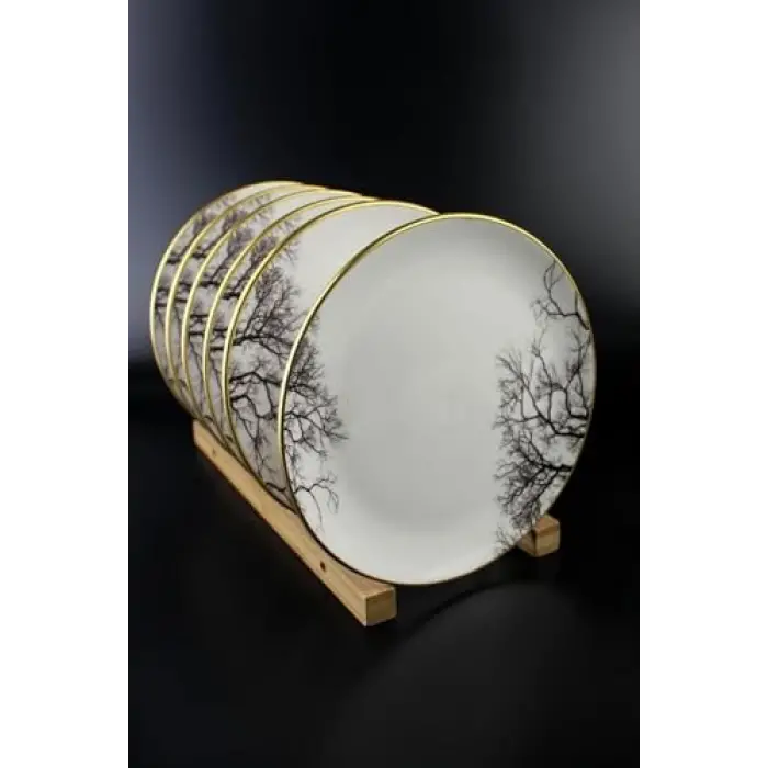 6lı Seramik Pasta Tabağı 19 cm Yaldızlı Çınar Ağacı