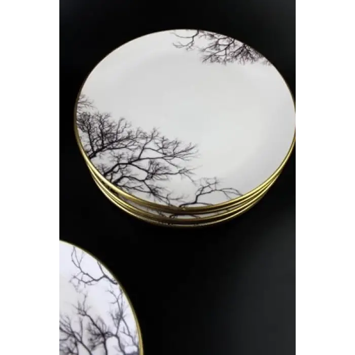 6lı Seramik Pasta Tabağı 19 cm Yaldızlı Çınar Ağacı