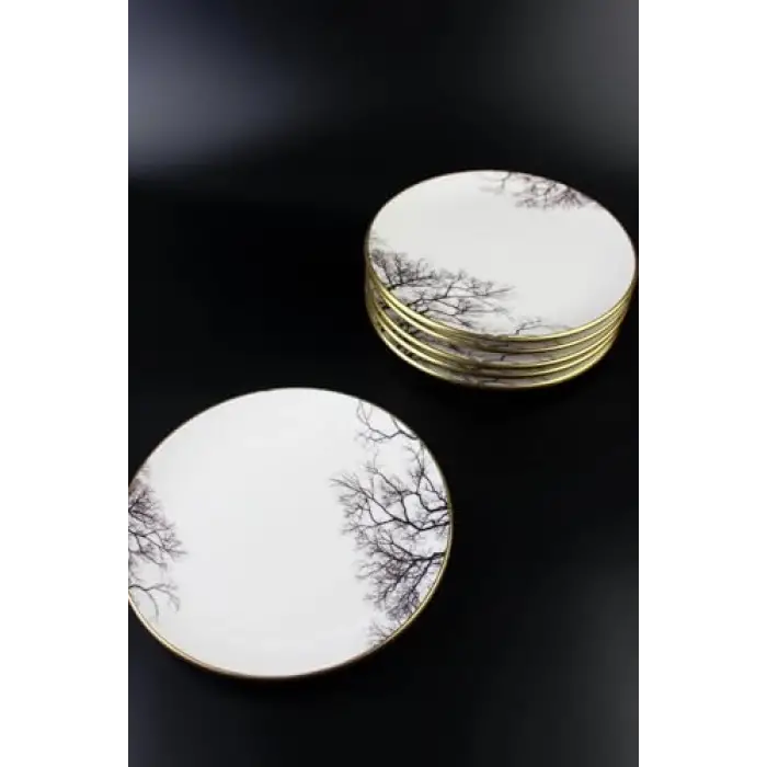 6 lı Seramik Pasta Tabak 19 cm Yaldızlı Çınar Ağacı