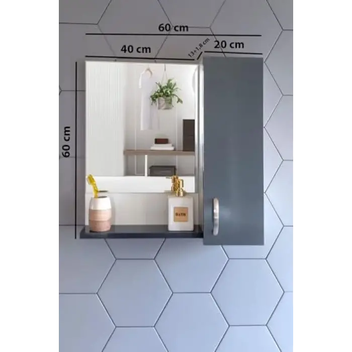 60 Cm Antrasit Mdf Üst Modül, Aynalı Banyo Dolabı