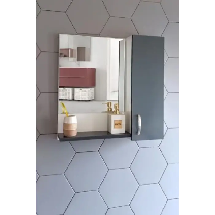 60 Cm Antrasit Mdf Üst Modül, Aynalı Banyo Dolabı