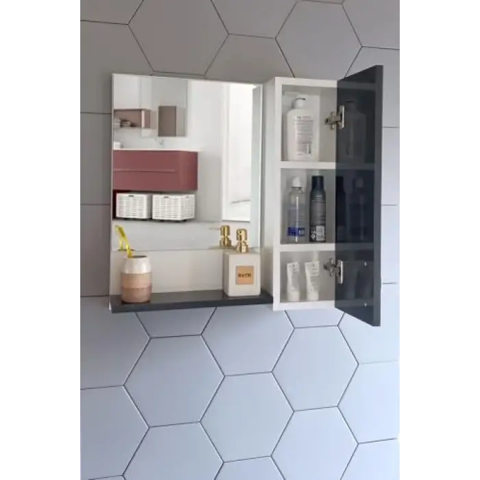 60 Cm Antrasit Mdf Üst Modül, Aynalı Banyo Dolabı