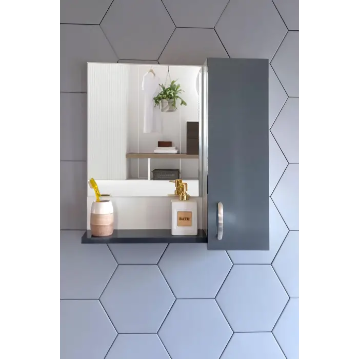 60 Cm Antrasit Mdf Üst Modül, Aynalı Banyo Dolabı