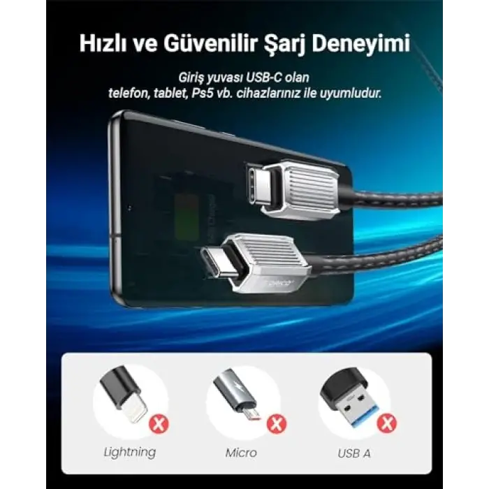 60W 3A PD Type-C to Type-C Hızlı Şarj ve Data Kablosu 1.5 Metre Siyah