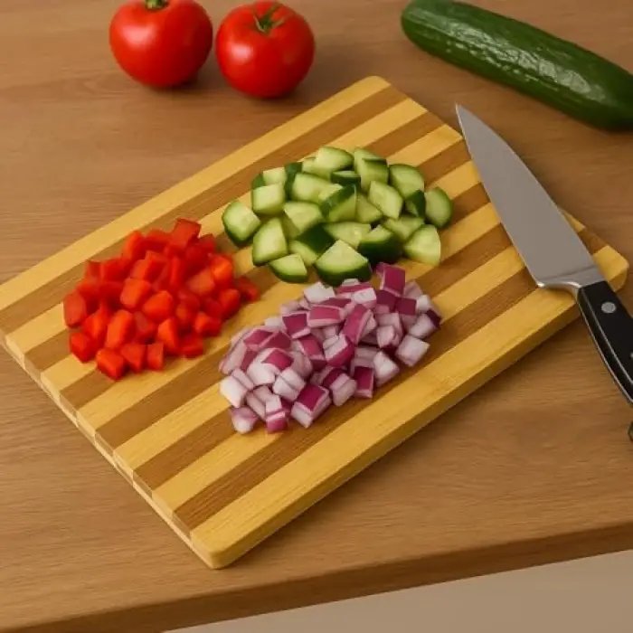 Bambu Kesme Tahtası – 26x36 cm Metal Kulp­lu Doğal Ahşap Kesim Panosu, Sebze ve Et Kesme Tahtası, Çizilmez, Hijyenik ve Dayanıklı