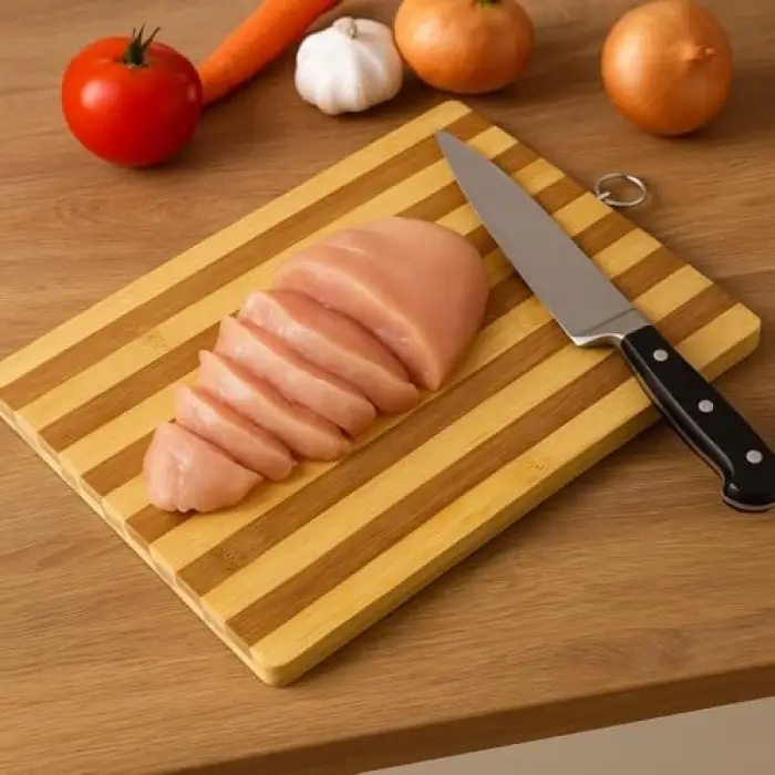 Bambu Kesme Tahtası – 26x36 cm Metal Kulp­lu Doğal Ahşap Kesim Panosu, Sebze ve Et Kesme Tahtası, Çizilmez, Hijyenik ve Dayanıklı