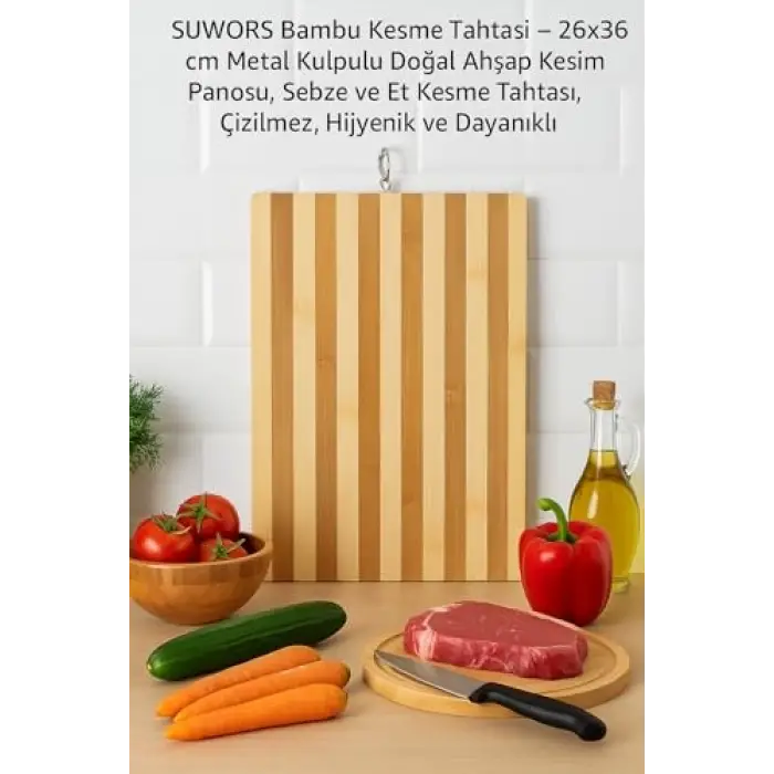 Bambu Kesme Tahtası – 26x36 cm Metal Kulp­lu Doğal Ahşap Kesim Panosu, Sebze ve Et Kesme Tahtası, Çizilmez, Hijyenik ve Dayanıklı