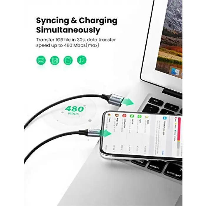 Mfi Lisanslı USB-A & Lightning Örgülü Data ve Şarj Kablosu, 2 Metre, Siyah, ‎60158