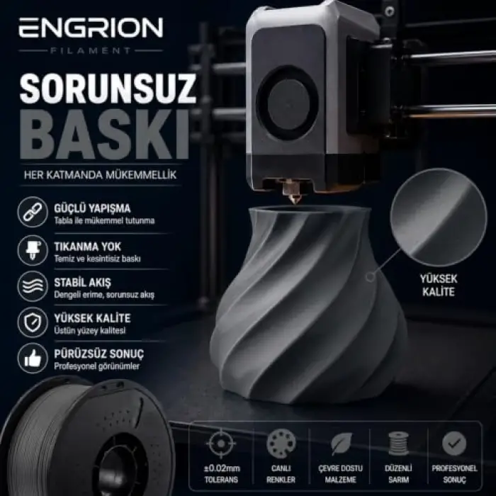 PLA+ Filament 1.75 mm 1 kg Koyu Gri - Yüksek Hızlı Baskı, ±0.02mm Tolerans, FDM/AMS Uyumlu 3D Yazıcı Filamenti