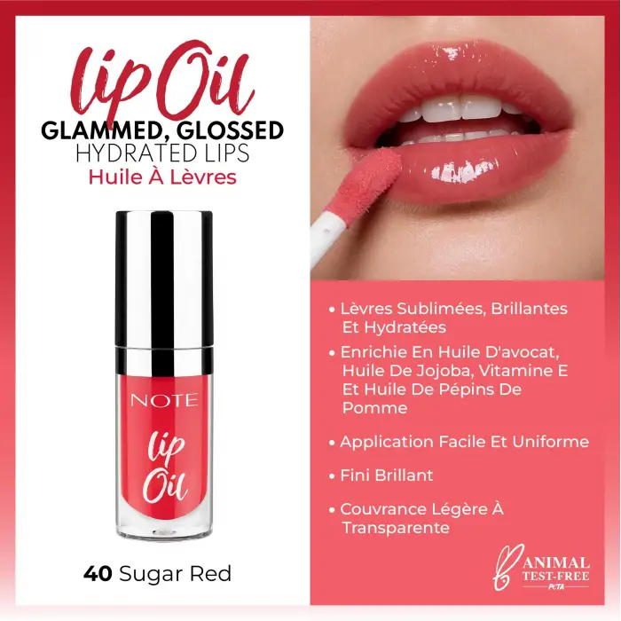 Cosmetics Lip Oil 40 Sugar Red Nemlendirici ve Parlatıcı Dudak Bakım Yağı, Kırmızı