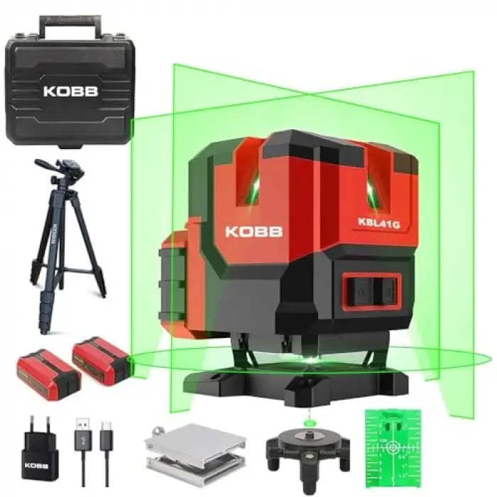 KBL41GTP 30Metre 4x90⁰/1x360⁰ Otomatik Hizalamalı Li-ion Çift Akülü Profesyonel Yeşil Çapraz Çizgi Lazer Distomat + Tripod