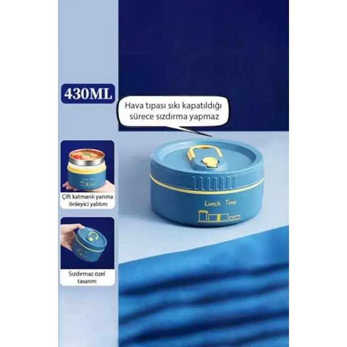 304 Çelik Mavi 430 ml Yemek Mama Saklama Kabı Sefer Tas� (Sıcak Tutmaz) cin417mv