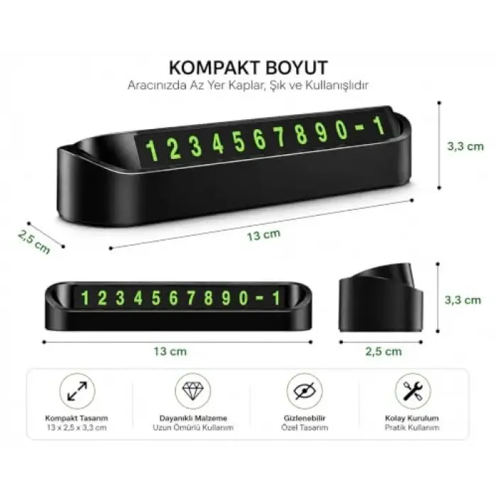Araç Park Telefon Numaratörü, Aç Kapa Gizlenebilir, Fosforlu Rakaml­ı, Siyah