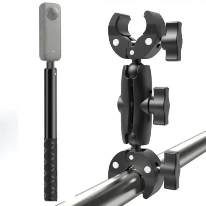 Çift Başlı Superclamp Gidon Montaj & 200 cm Görünmez Selfie Çubuğu; Insta360 X3, X2, X4, X5, One RS, GO 3, One X, Evo ile Uyumlu, Alüminyum Çubuk, 1/4,360­° Ayarlanabilir