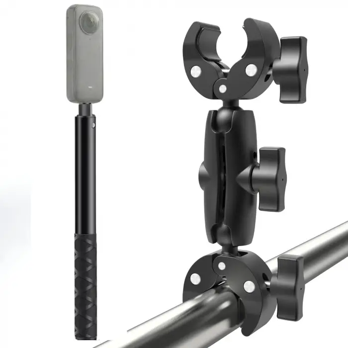 Çift Başlı Superclamp Gidon Montaj & 200 cm Görünmez Selfie Çubuğu; Insta360 X3, X2, X4, X5, One RS, GO 3, One X, Evo ile Uyumlu, Alüminyum Çubuk, 1/4,360­° Ayarlanabilir