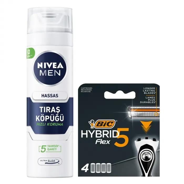Erkek Hassas Tıraş Köpüğü 200 ml + Hybrid 5 Flex 4lü Yedek Tıraş Bıçağı Kartușu (5 Bıçak)