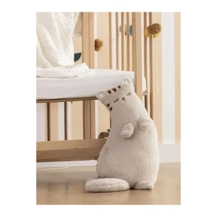 60 cm açık bej baskılı peluş dolgulu kedi bebek kır­lenti