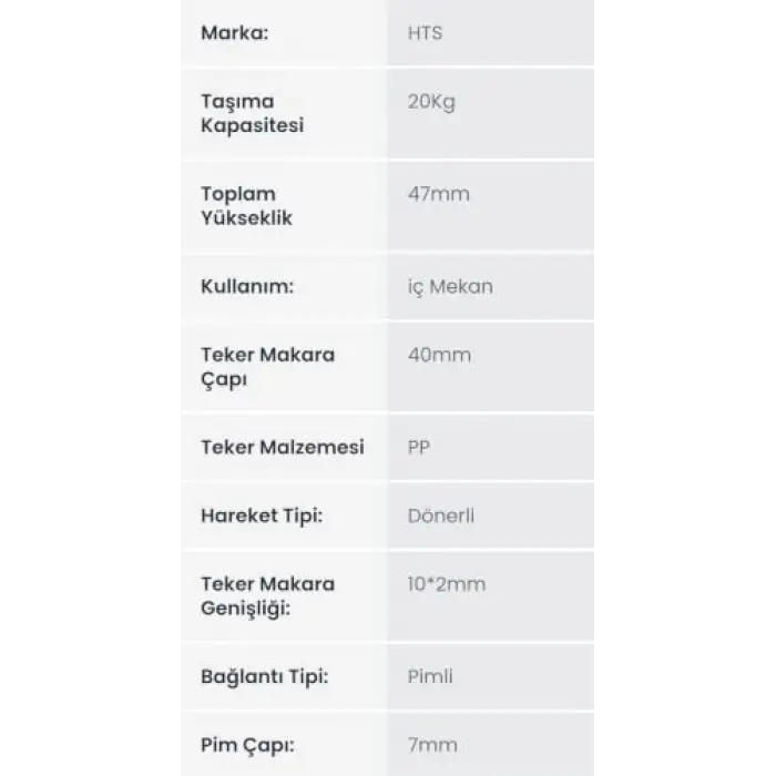 Hts 406 pimli ofis koltuğu tekerleği, 40 mm, 7 mm pim çapı, dönerli ikiz mobilya tekəri, siyah PP plastik, 4 Adet