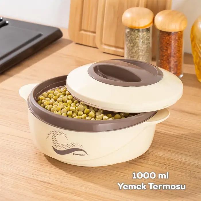 3149 1000 mL Yemek Termosu, Sızdırmaz Kilitlenebilir Kapaklı Paslanmaz Çelik Sefer Taşı Krem
