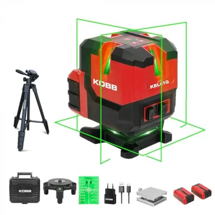 KBL41GTP 30Metre 4x90⁰/1x360⁰ Otomatik Hizalamalı Li-ion Çift Akülü Profesyonel Yeşil Çapraz Çizgi Lazer Distomat + Tripod