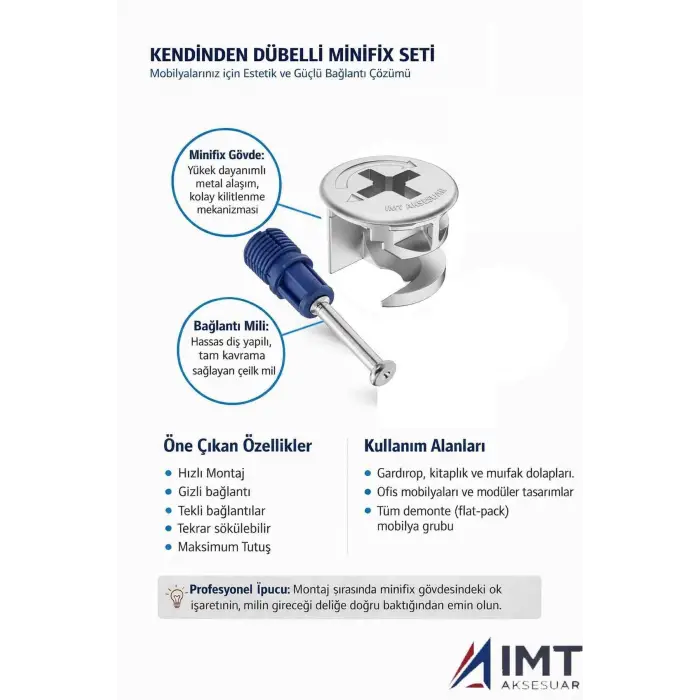 8 mm Kendinden Dübelli Minifix Gövde ve Mil Seti 50 Parça
