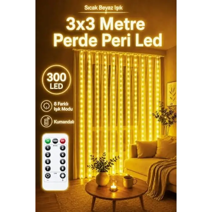 8 Mod Perde LEDi, 300 LED, 3x3m, 10 Sarkıt LED, Kumandalı Peri Perde LED