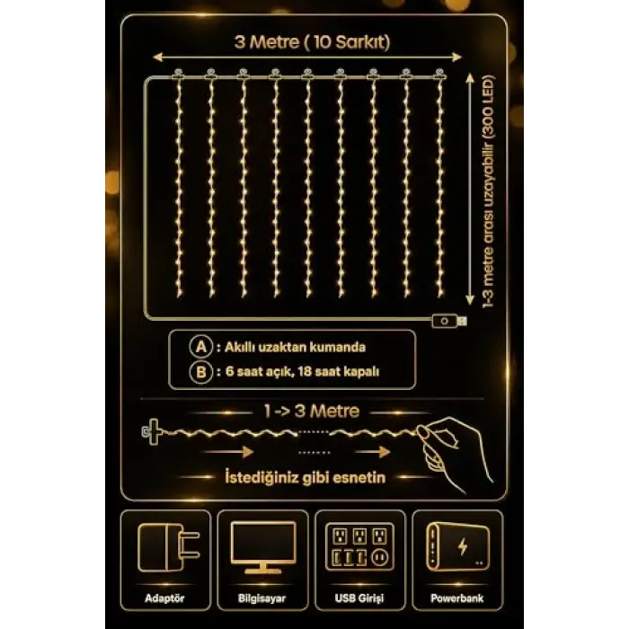 8 Mod Perde LEDi, 300 LED, 3x3m, 10 Sarkıt LED, Kumandalı Peri Perde LED