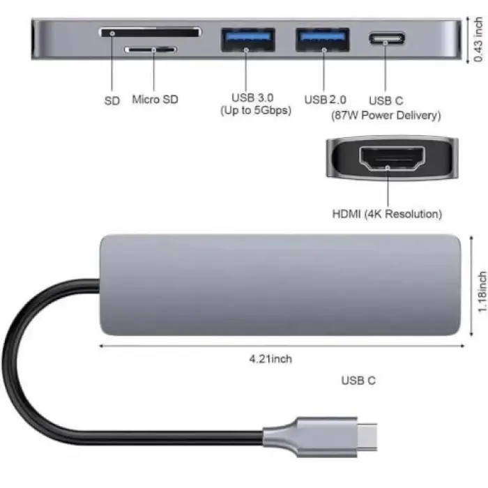8040 Type C 3.1 Hub HDMI 4K USB2.0 2xUSB3.0 SD TF PD 60W 6sı 1 Arada USB Hub