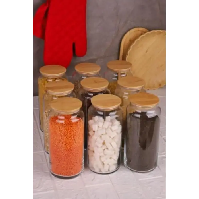 9lu Cam Saklama Kabı 1300 ml Vakumlu Bambu Kapaklı