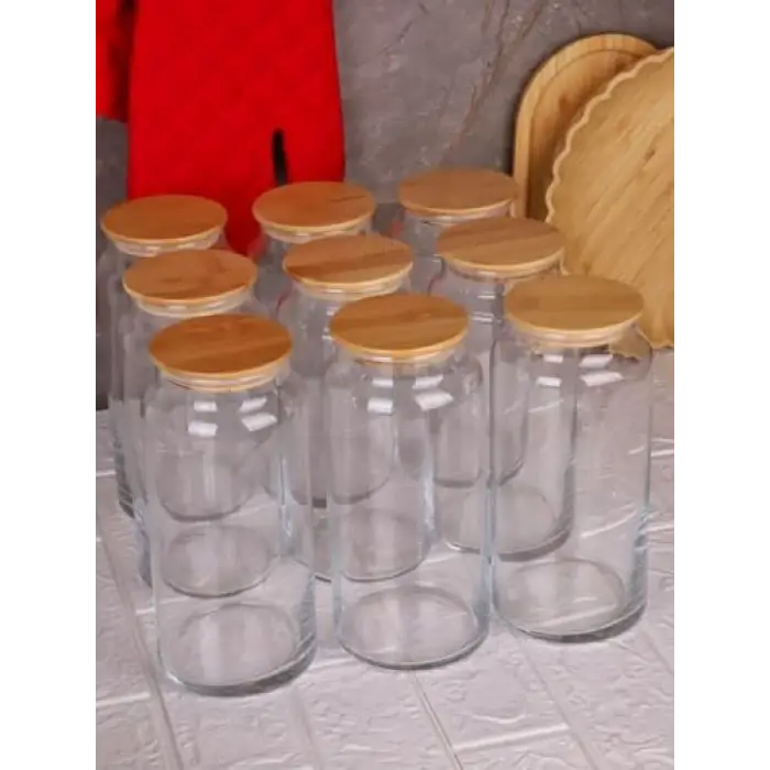 9lu Cam Saklama Kabı 1300 ml Vakumlu Bambu Kapaklı