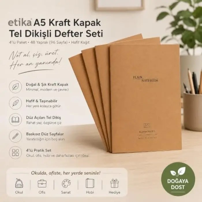 A5 Kraft Kapak Tel Dikişli Defter 4lü Paket