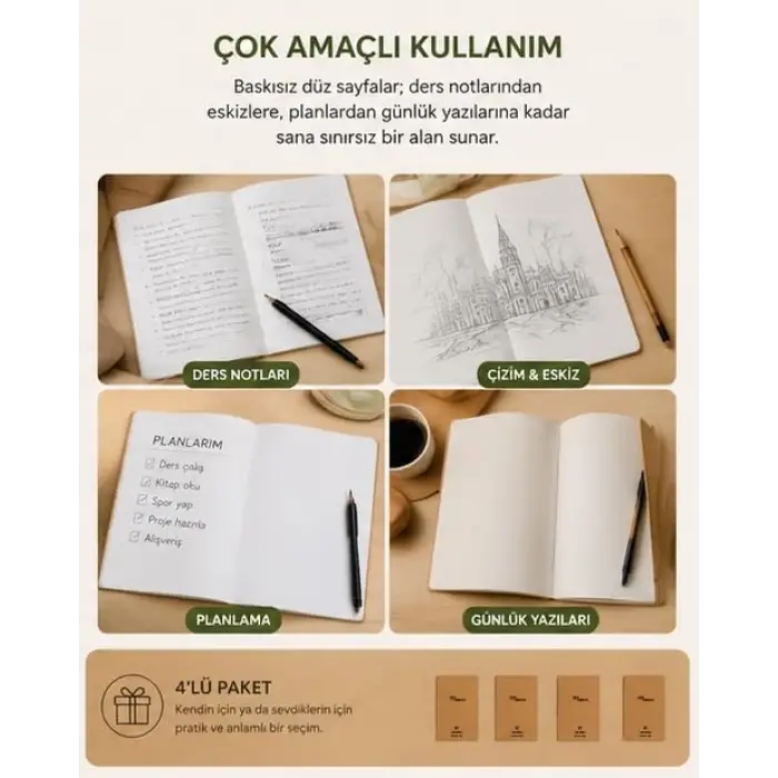 A5 Kraft Kapak Tel Dikişli Defter 4lü Paket