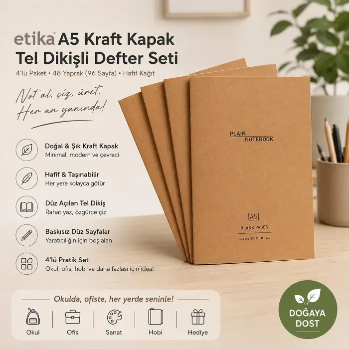 A5 Kraft Kapak Tel Dikişli Defter 4lü Paket
