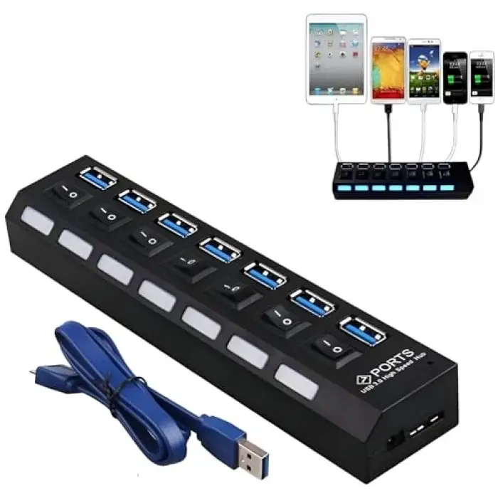 A5258 7 Portlu USB 3.0 Hub, Anahtarlı Çoklayıcı Switch