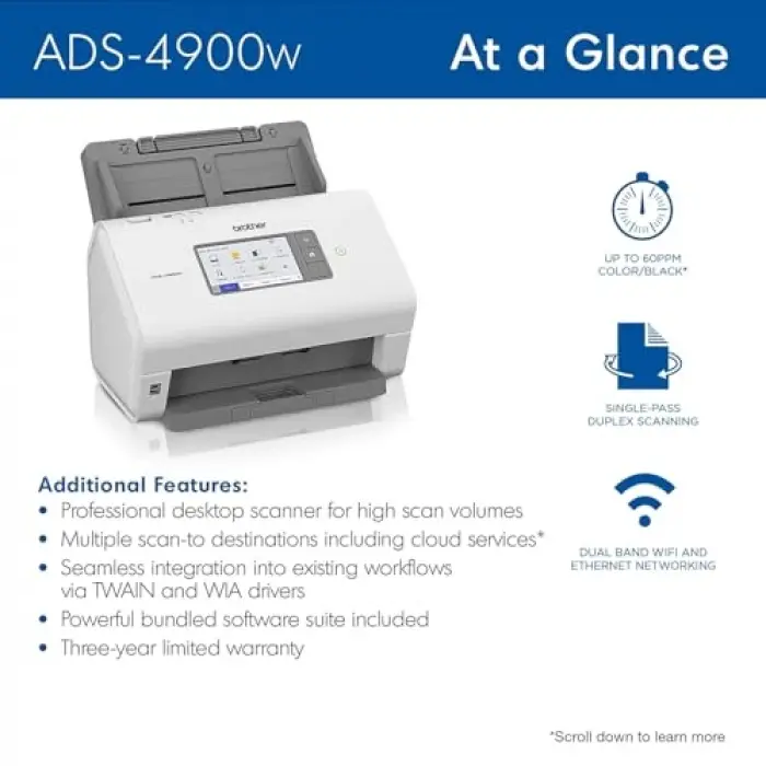 Ads-4900W Professional Desktop Scanner with Fast Scan Speeds; Duplex, Wireless, and Large Touchscreen, White