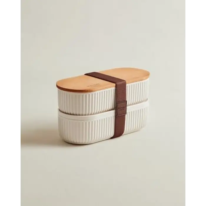 Ahşap kapaklı lunch box, 500x2 ml, soft ekru, 2li