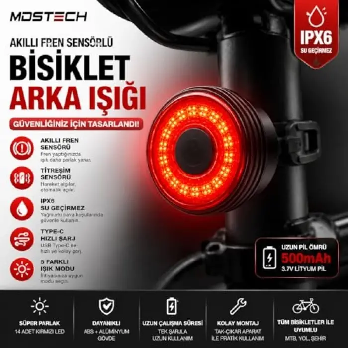 Akıllı Fren Sensörlü Bisiklet Arka Lambası